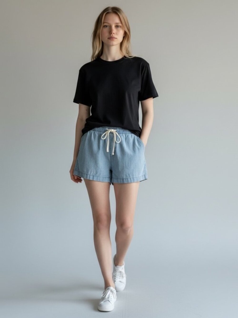Madewell Chambray Denim Pull On Mid Rise Drawstring Shorts Size M